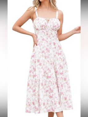 NWTSCARLET DARKNESS Pink Floral Midi Dress Corset Milkmaid Cottagecore Pockets M